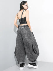 [EAM] Wide Leg Black Big Size Ribbon Stitch Jeans New High Waist Loose Women Trousers Fashion Tide Spring Autumn 2024 1D202