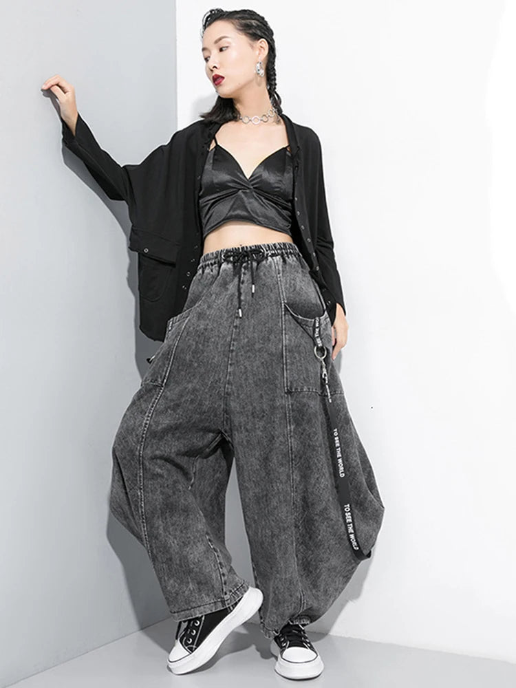 [EAM] Wide Leg Black Big Size Ribbon Stitch Jeans New High Waist Loose Women Trousers Fashion Tide Spring Autumn 2024 1D202